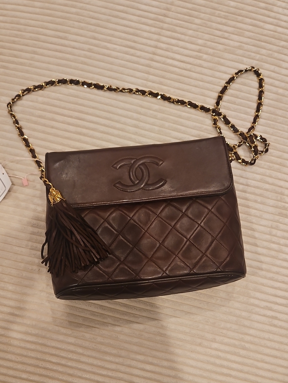 CHANEL Dark Brown Quilted Leather Shoulder Bag with Tassel